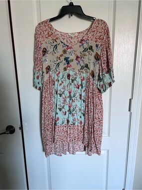 Umgee Pink Floral Babydoll Top with Mint Accents